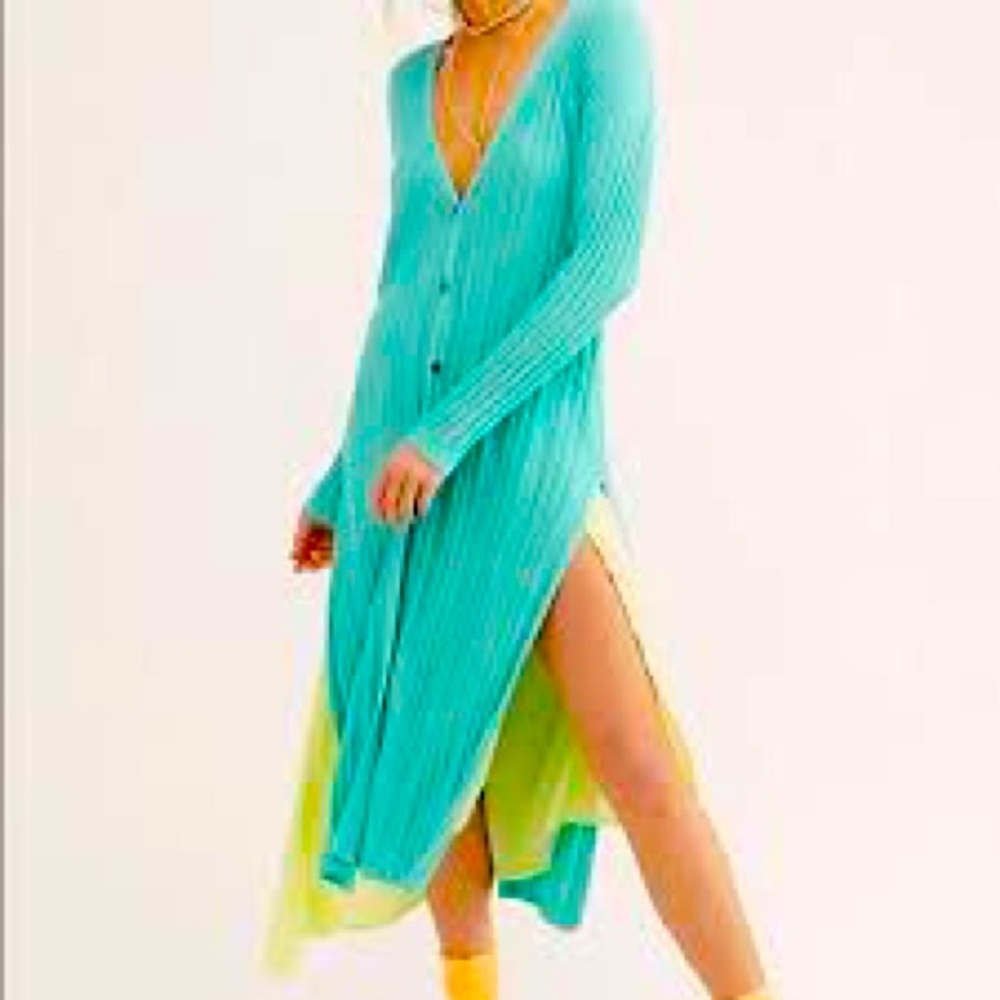 NWT FREE PEOPLE Hudson Maxi Cardigan Sweater Dress Duster Aqua XS